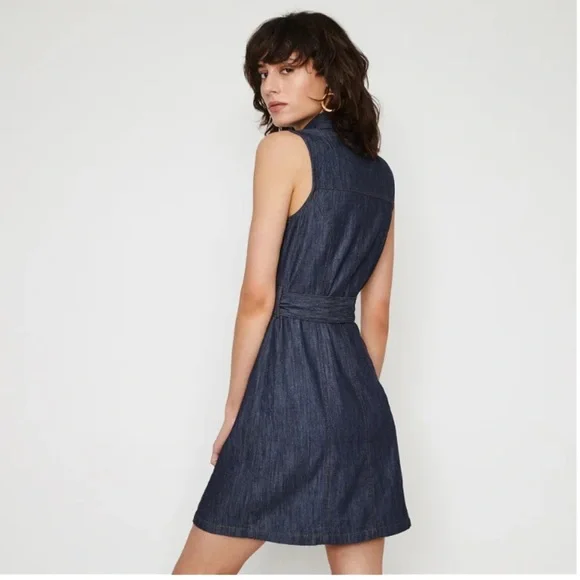 Warehouse Denim Mini Dress Sleeveless Tie Waist Pockets Dark Wash Size 6 Small - Picture 3 of 10